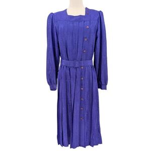 Kevin Stewart Petites Vintage 80s Purple Jacquard Dress‎ Size 12 Belted Midi